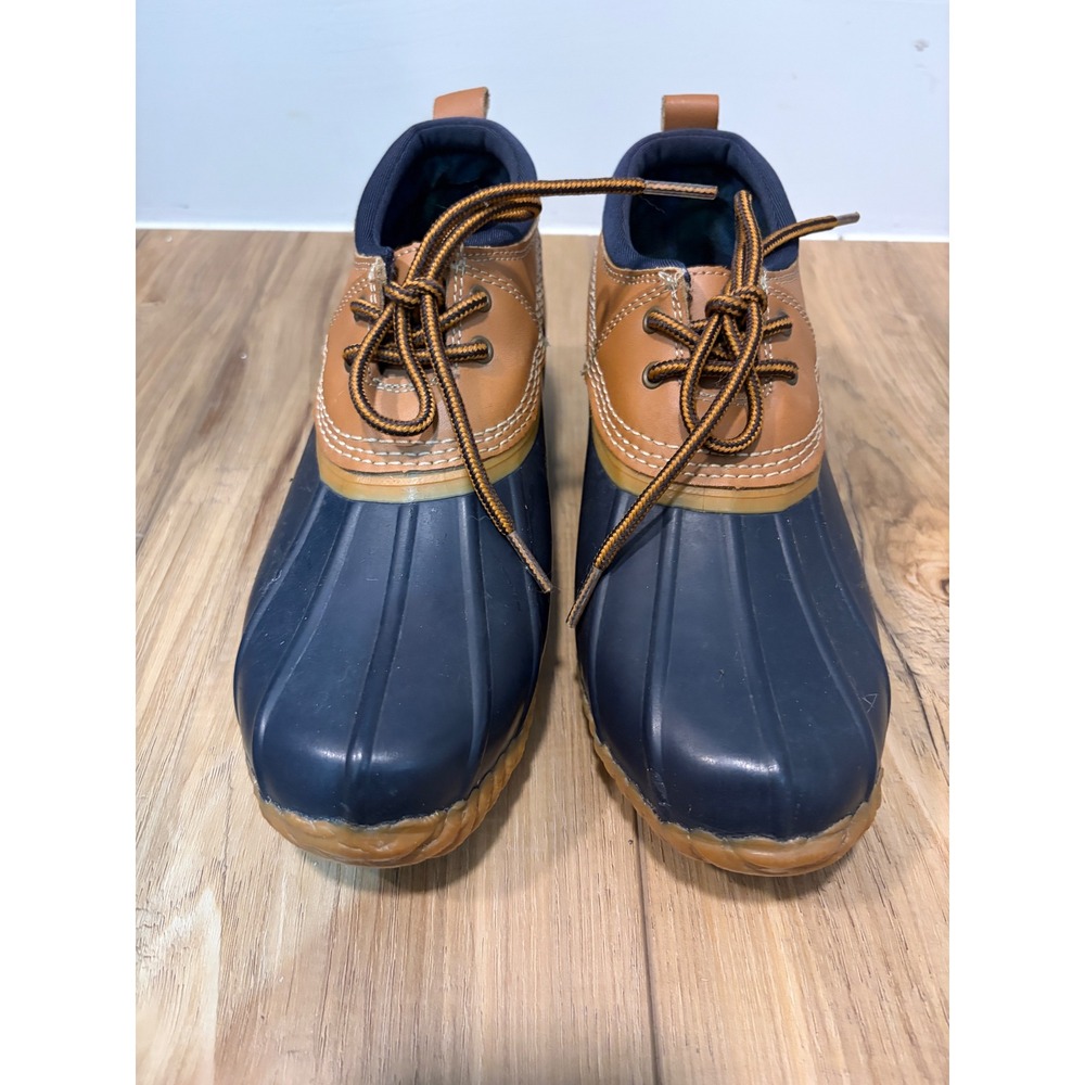 Lands End Womens Navy Blue Tan Leather Duck Boots Low Top Plaid Lined Size 7B